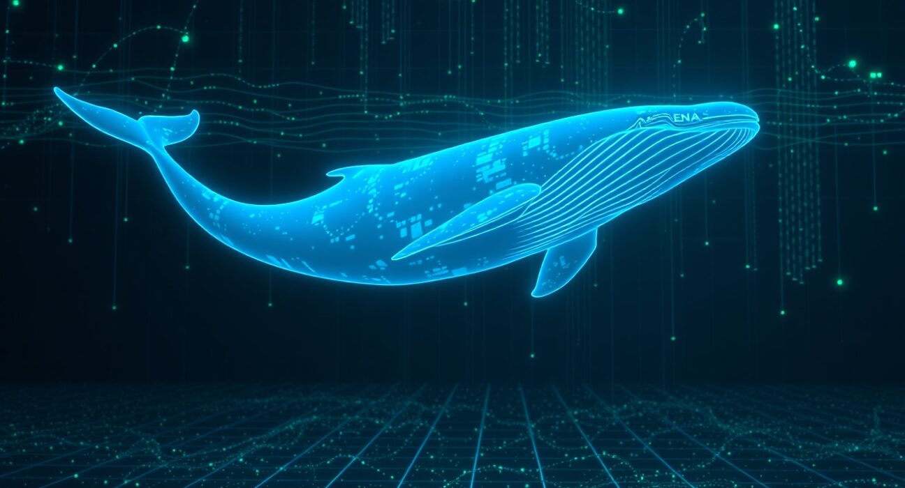 Digital whale swimming through blockchain data network representing ENA whale activity surge