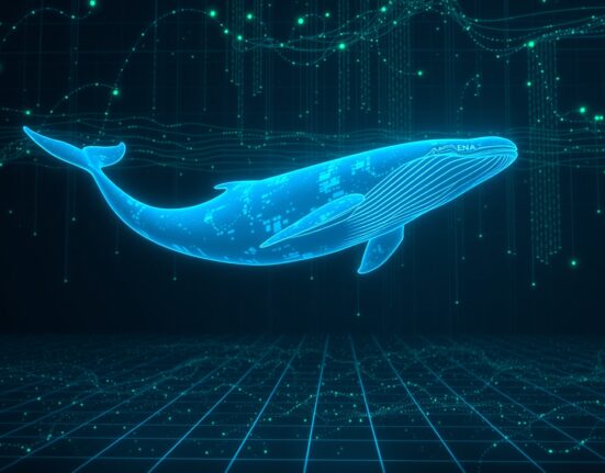Digital whale swimming through blockchain data network representing ENA whale activity surge