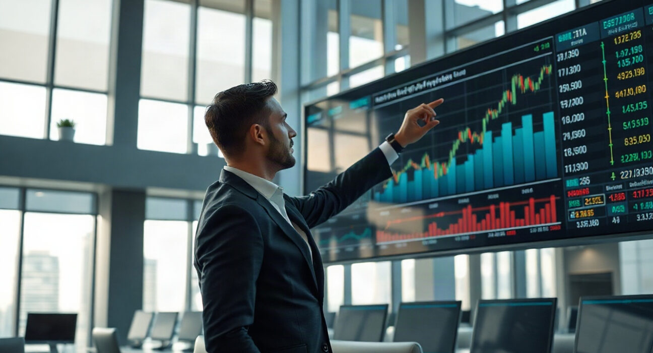 Ethena expands to equity perpetuals, trading screens showing market charts in a modern office.