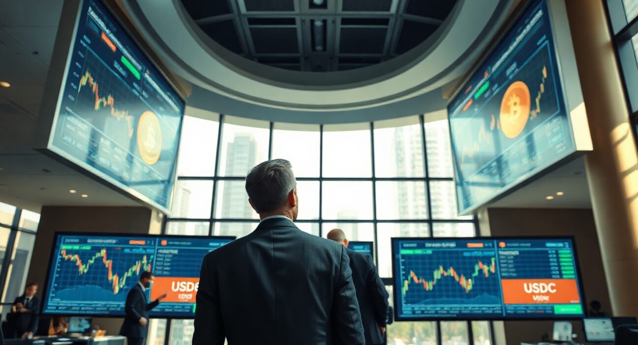 Financial analyst reviewing digital stablecoin charts in a modern trading office