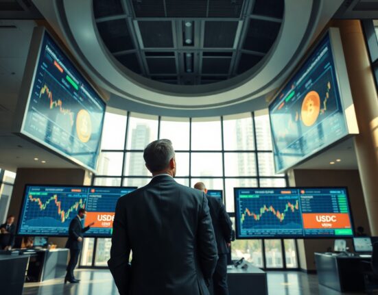 Financial analyst reviewing digital stablecoin charts in a modern trading office