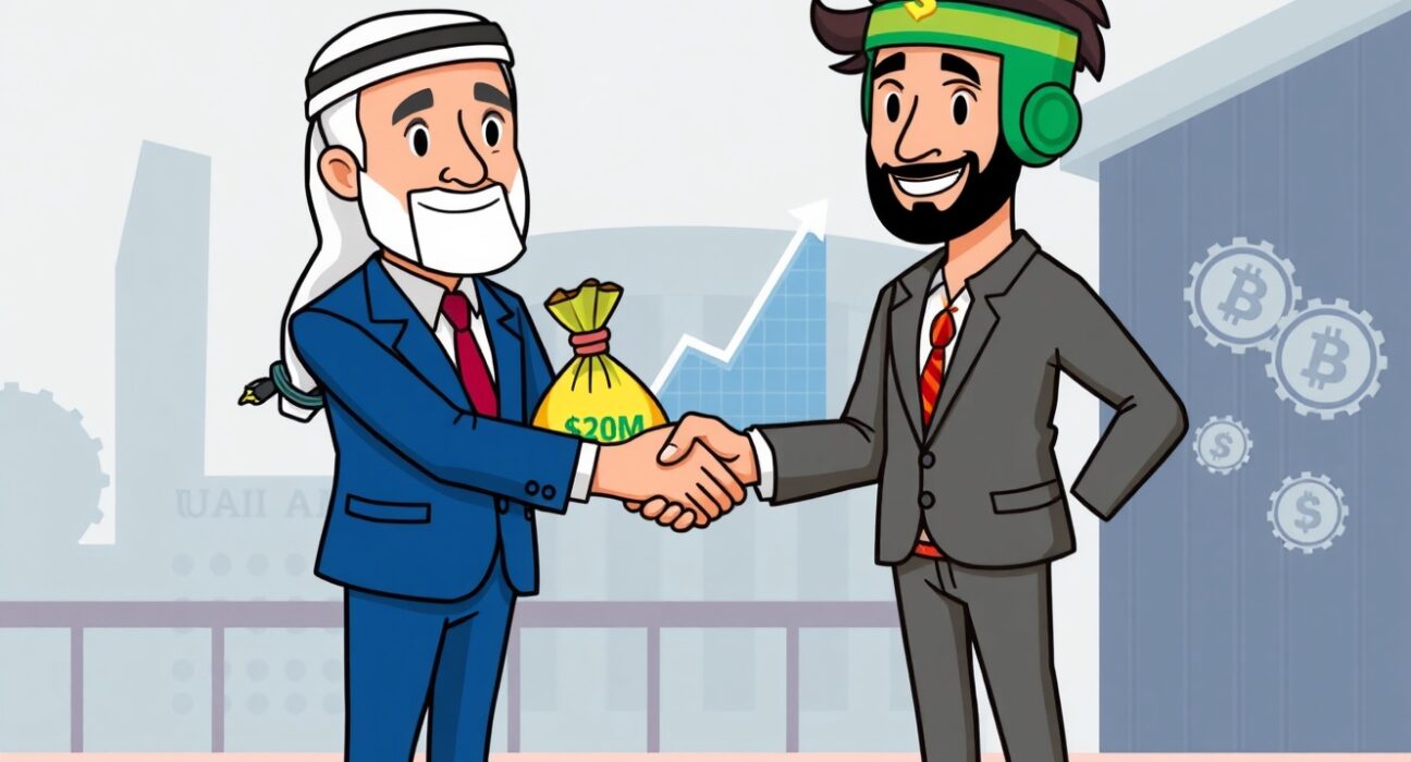 A cartoon handshake sealing a significant Ethena investment, symbolizing growth and collaboration between M2 Holdings and the DeFi protocol.