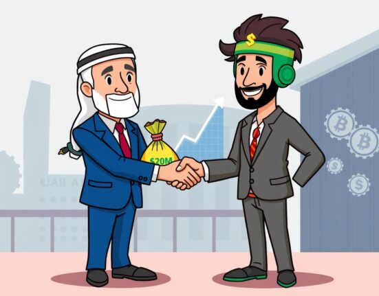 A cartoon handshake sealing a significant Ethena investment, symbolizing growth and collaboration between M2 Holdings and the DeFi protocol.