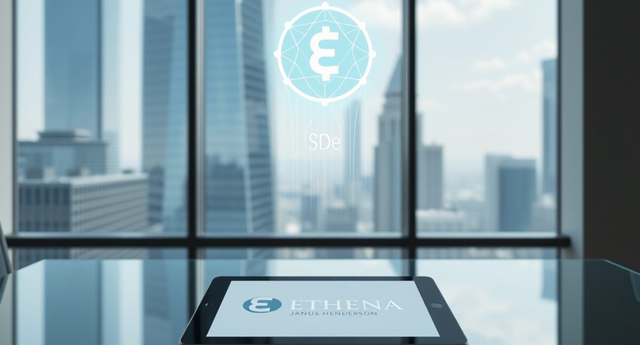 Digital tablet displaying Ethena and Janus Henderson logos with a holographic blockchain and stablecoin projection in a modern office.