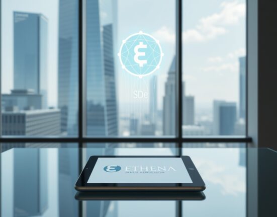 Digital tablet displaying Ethena and Janus Henderson logos with a holographic blockchain and stablecoin projection in a modern office.