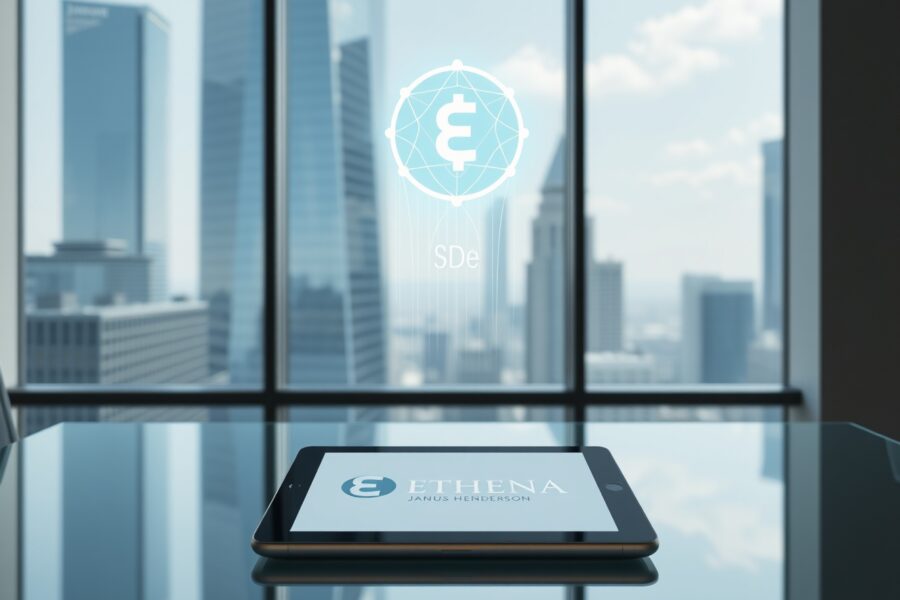 Digital tablet displaying Ethena and Janus Henderson logos with a holographic blockchain and stablecoin projection in a modern office.