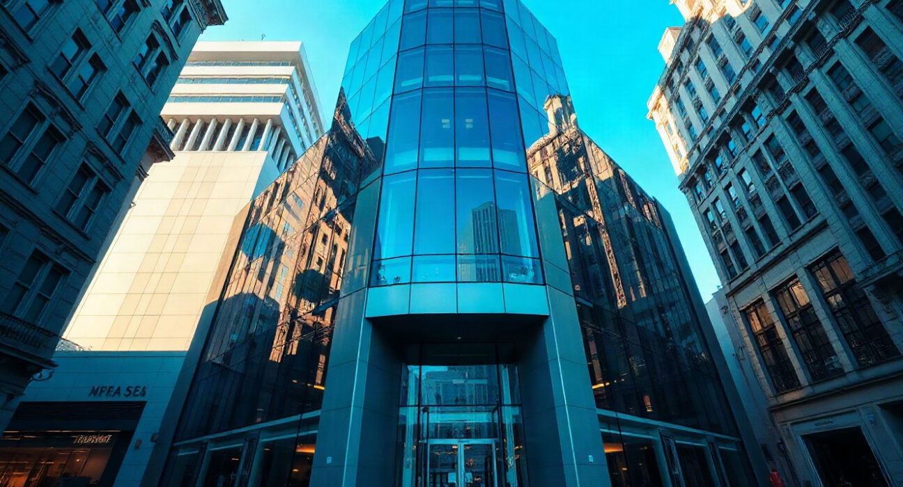 Modern bank building with digital blockchain reflections representing Ethena's Avalanche-powered neobank