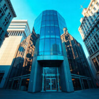 Modern bank building with digital blockchain reflections representing Ethena's Avalanche-powered neobank