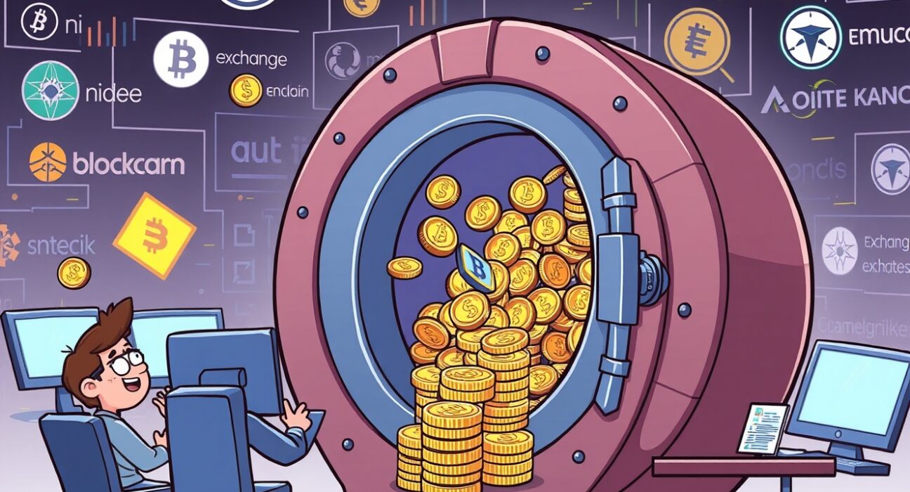 Cartoon illustration of a large ENA token withdrawal from Bybit exchange showing cryptocurrency movement