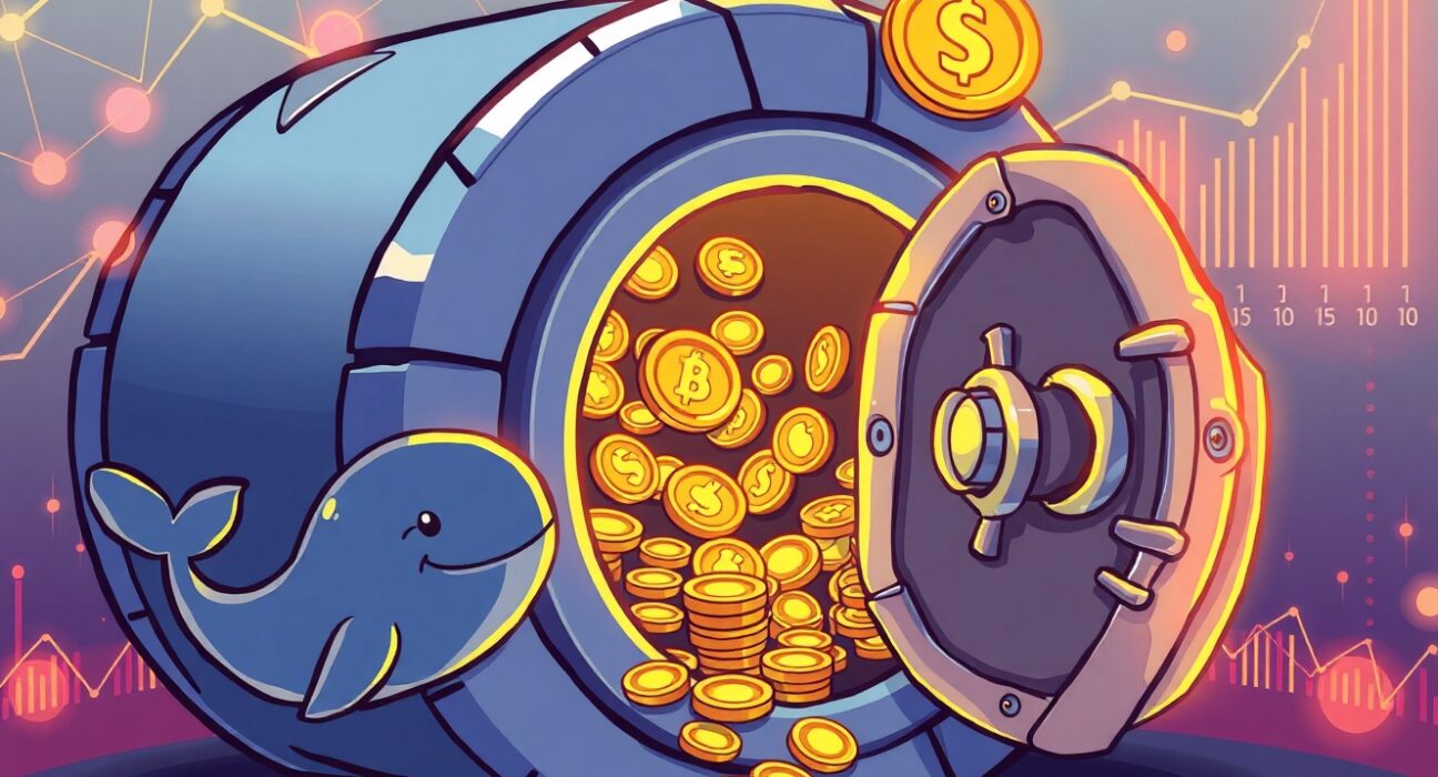 Cartoon illustration of a major Ethena Labs token withdrawal from a crypto exchange vault.