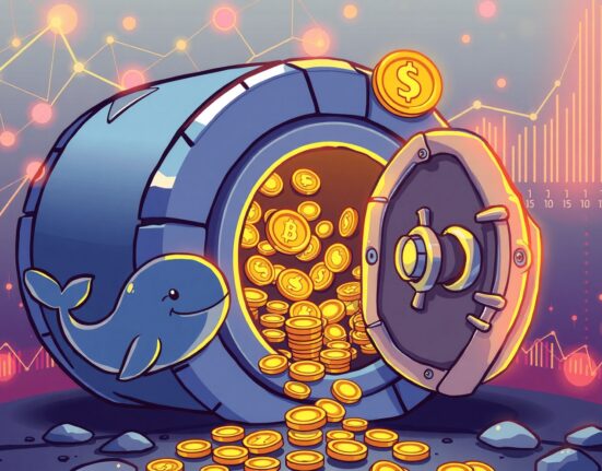 Cartoon illustration of a major Ethena Labs token withdrawal from a crypto exchange vault.