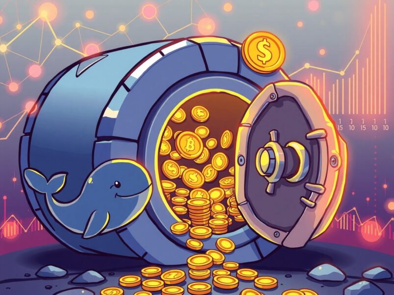 Cartoon illustration of a major Ethena Labs token withdrawal from a crypto exchange vault.