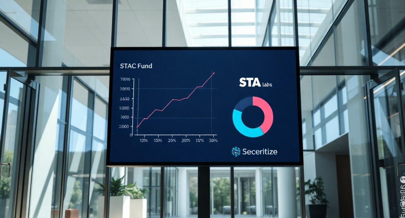 Digital screen showing STAC fund performance graph and allocation chart in a modern office setting