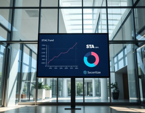 Digital screen showing STAC fund performance graph and allocation chart in a modern office setting