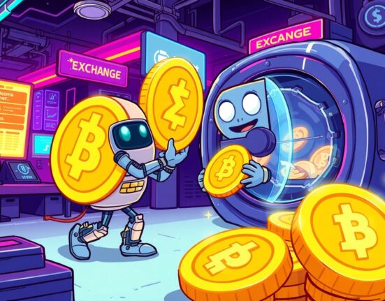 Cartoon of a robot securing ENA tokens in a vault after an Ethena Labs withdrawal from an exchange.
