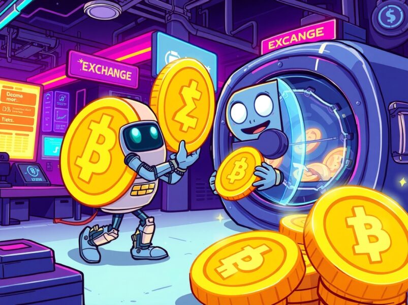 Cartoon of a robot securing ENA tokens in a vault after an Ethena Labs withdrawal from an exchange.