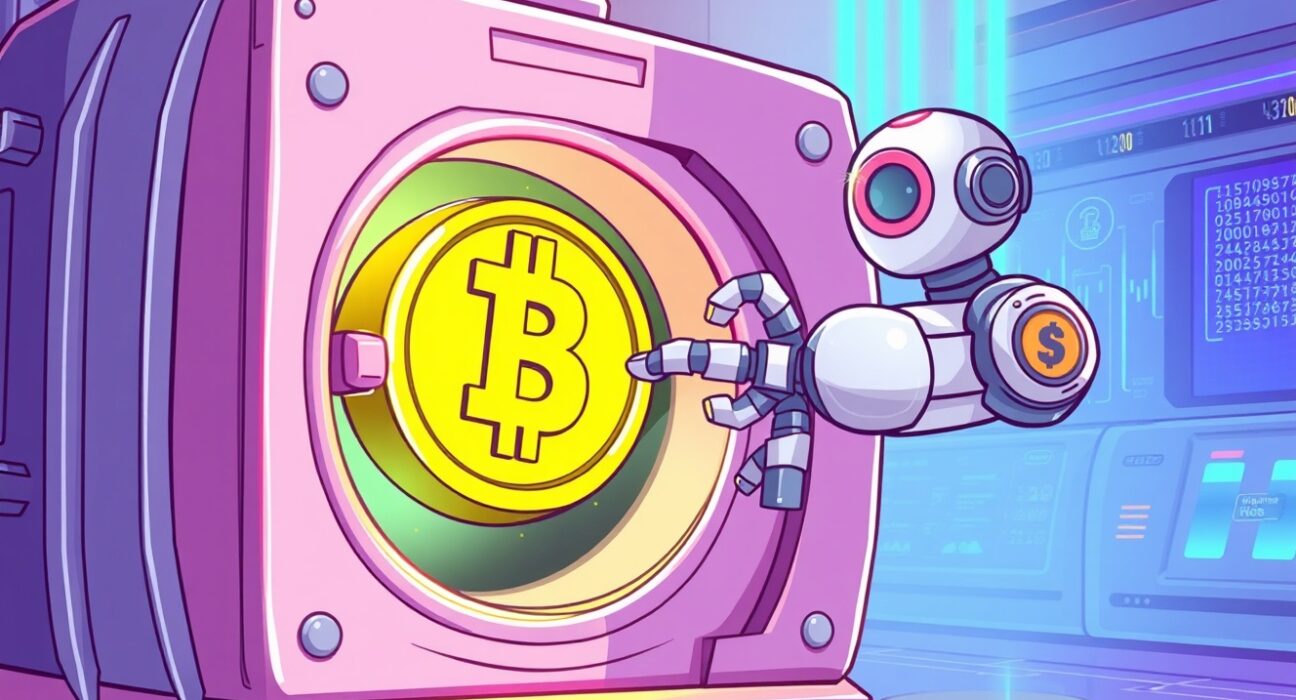 Cartoon illustration of Ethena Labs withdrawing a massive ENA token from a digital vault, symbolizing a major crypto movement.