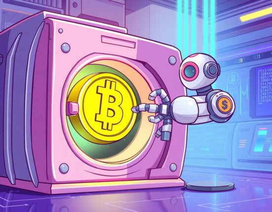 Cartoon illustration of Ethena Labs withdrawing a massive ENA token from a digital vault, symbolizing a major crypto movement.