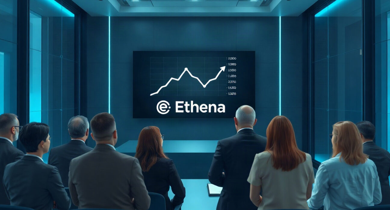 Ethena governance proposal meeting with digital screen showing buyback chart