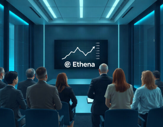 Ethena governance proposal meeting with digital screen showing buyback chart