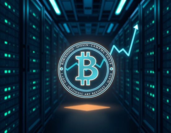 Digital representation of Robinhood Chain network with USDG stablecoin at center.