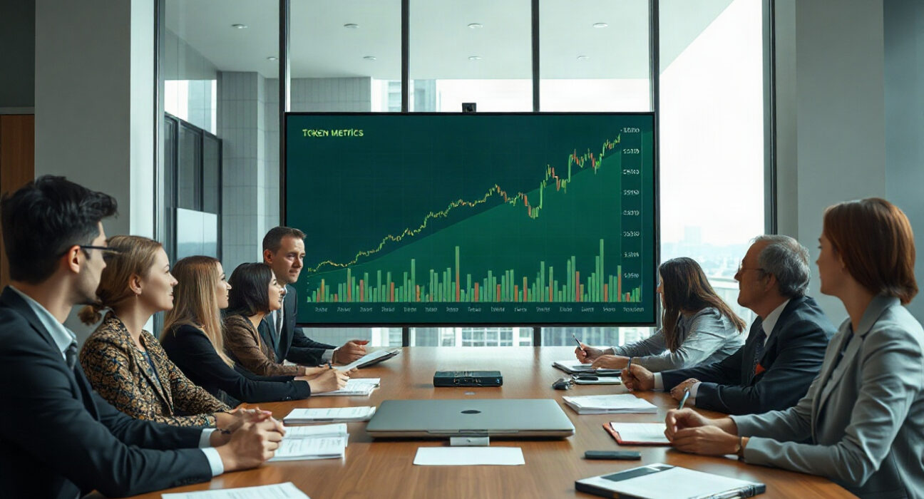 Ethena team in boardroom reviewing tokenomics charts and governance documents