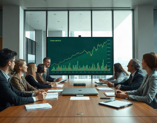 Ethena team in boardroom reviewing tokenomics charts and governance documents