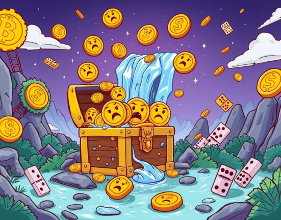 Ethena USDe TVL dramatic decline shown through crashing waterfall and fleeing coins