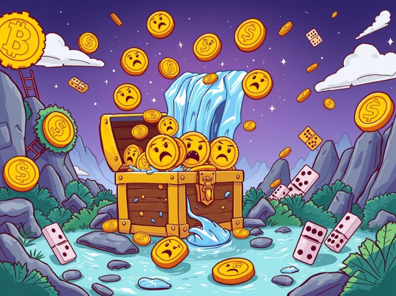 Ethena USDe TVL dramatic decline shown through crashing waterfall and fleeing coins