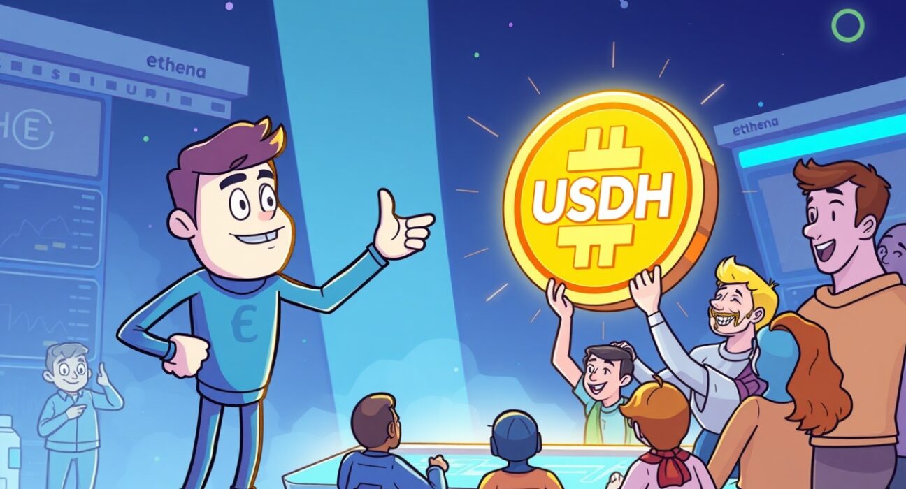 Cartoon showing Ethena's strategic proposal for Hyperliquid USDH issuance, promising community reinvestment.