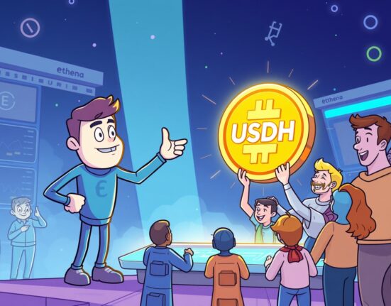 Cartoon showing Ethena's strategic proposal for Hyperliquid USDH issuance, promising community reinvestment.