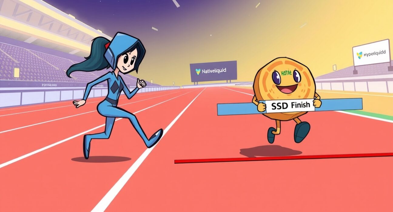 A cartoon illustration depicting Ethena's strategic decision as Ethena withdraws from Hyperliquid's USDH competition, allowing Native Markets to take the lead.