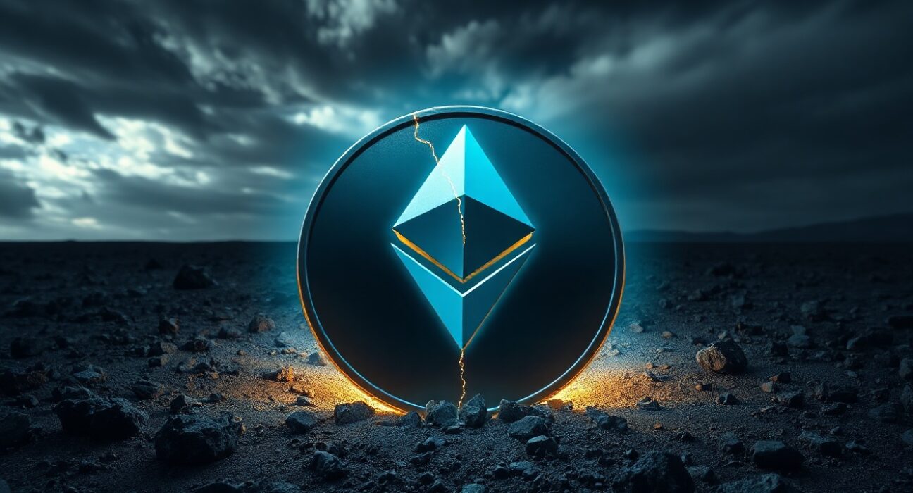 A cracked Ethereum coin symbol in a dark landscape, half illuminated by golden light and half in shadow, representing the dilemma of a buying opportunity versus a value trap.