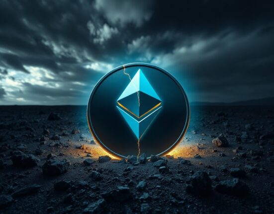 A cracked Ethereum coin symbol in a dark landscape, half illuminated by golden light and half in shadow, representing the dilemma of a buying opportunity versus a value trap.