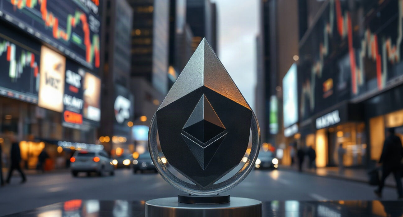 Ethereum symbol with market chart background illustrating volatile trading