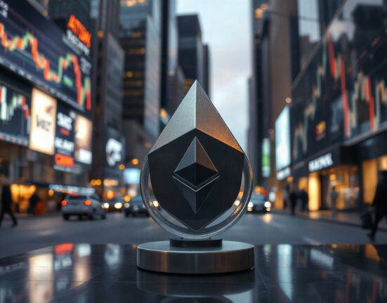 Ethereum symbol with market chart background illustrating volatile trading