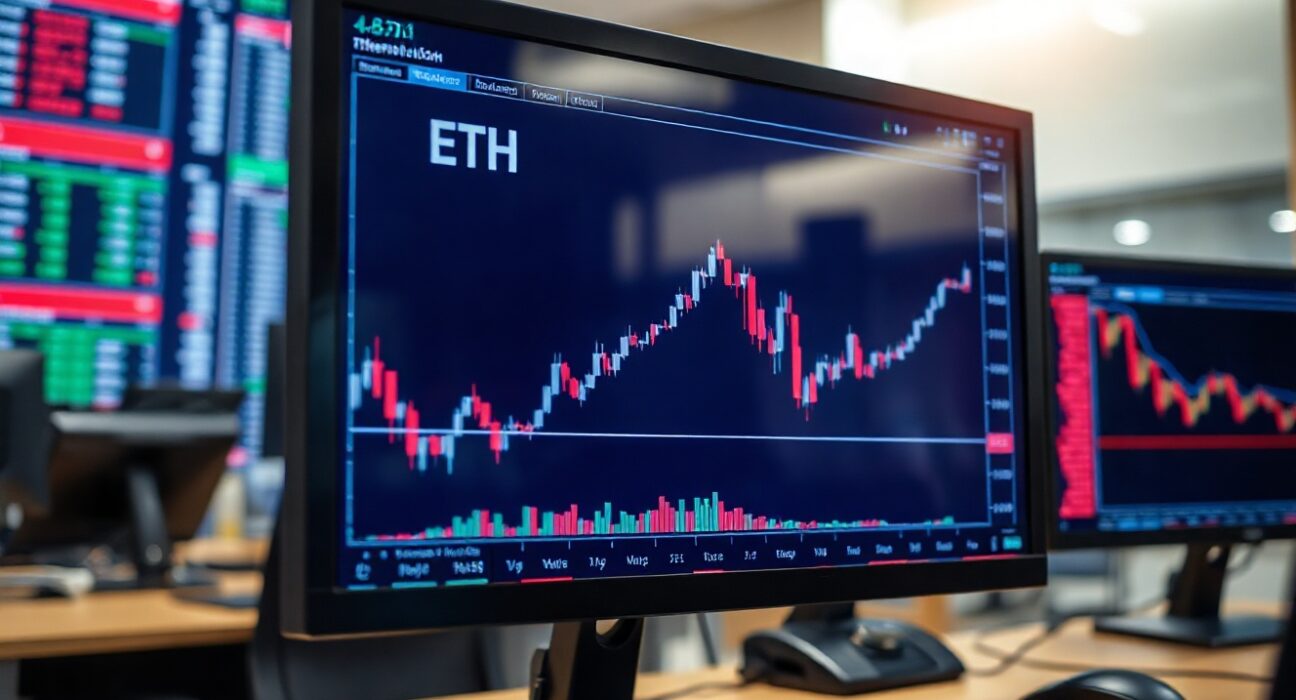 Ethereum price chart on a monitor at a trading desk, with a rising trend line indicating increased buying activity.