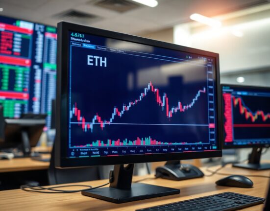 Ethereum price chart on a monitor at a trading desk, with a rising trend line indicating increased buying activity.