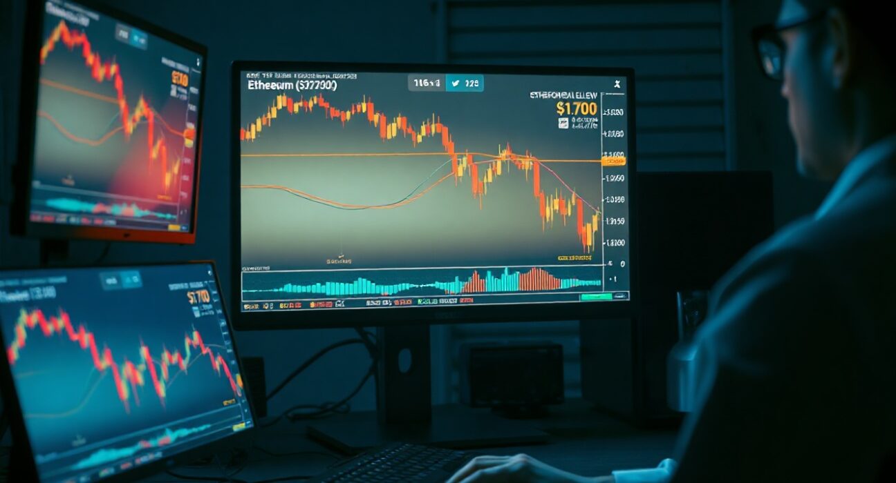 Cryptocurrency trading desk monitors showing Ethereum price chart falling below $1,700.