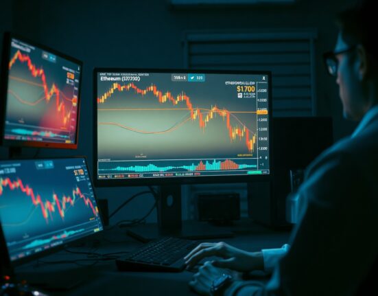 Cryptocurrency trading desk monitors showing Ethereum price chart falling below $1,700.