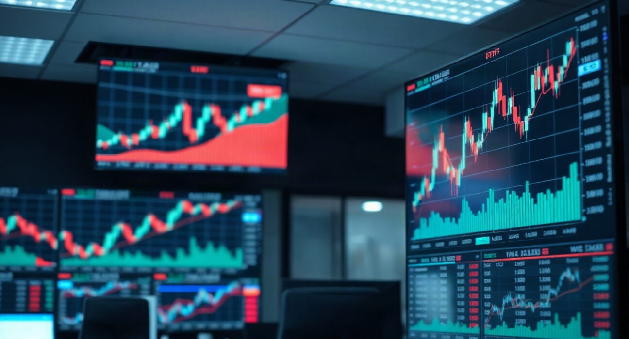 Digital screens showing Ether ETF performance charts on a trading floor