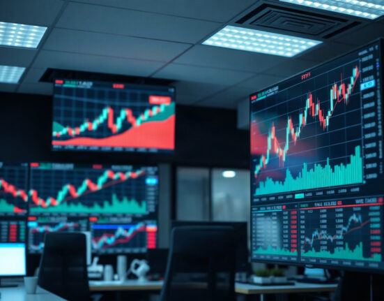 Digital screens showing Ether ETF performance charts on a trading floor