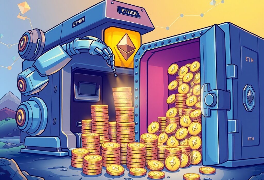 A cartoon illustration showing a large machine accumulating Ether Machine ETH into a growing vault, symbolizing significant institutional investment.