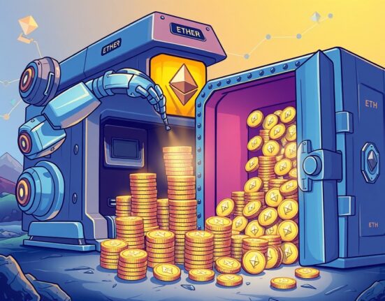 A cartoon illustration showing a large machine accumulating Ether Machine ETH into a growing vault, symbolizing significant institutional investment.