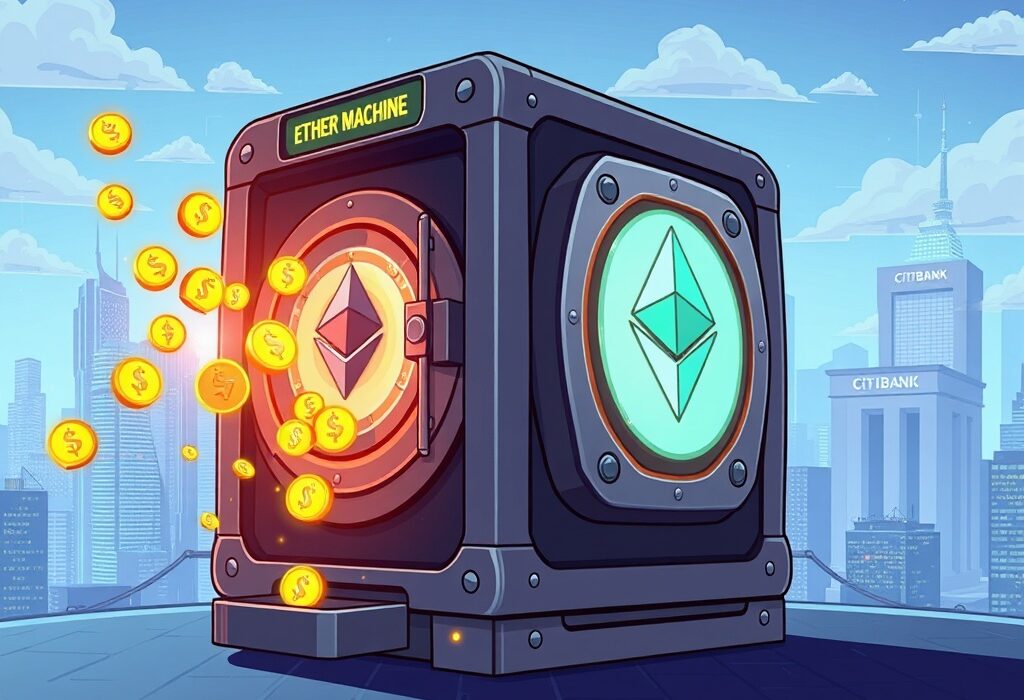 A cartoon illustration of Ether Machine receiving a significant Ether Machine ETH investment, symbolizing growth and institutional interest in Ethereum.