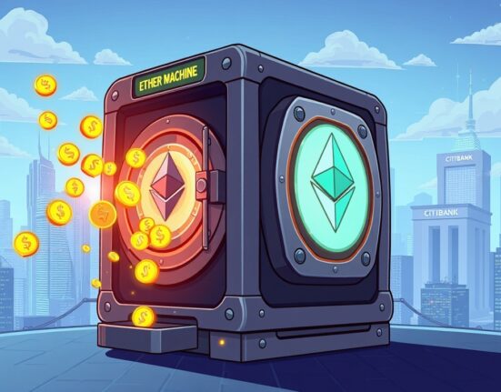 A cartoon illustration of Ether Machine receiving a significant Ether Machine ETH investment, symbolizing growth and institutional interest in Ethereum.