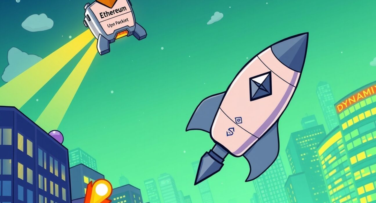 Cartoon illustration showing The Ether Machine pursuing its US listing via a SPAC merger, symbolizing its public market debut.