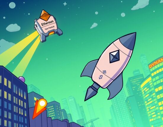 Cartoon illustration showing The Ether Machine pursuing its US listing via a SPAC merger, symbolizing its public market debut.