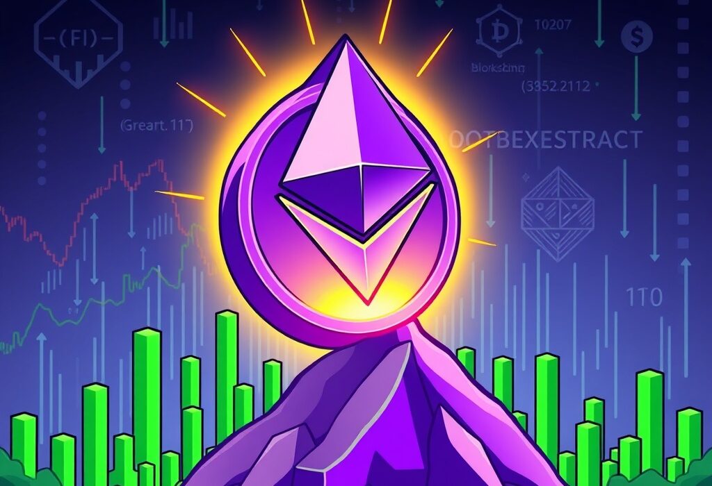 A cartoon Ether coin rising above a market chart, symbolizing the strong recovery of Ether price.