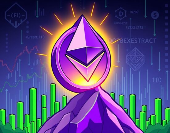 A cartoon Ether coin rising above a market chart, symbolizing the strong recovery of Ether price.